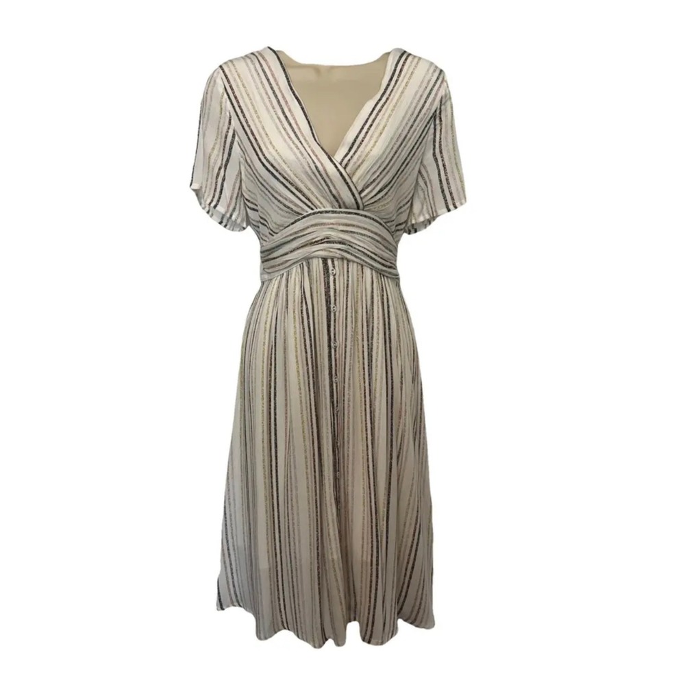 Baltic Born Women Metallic Stripe V-Neck Midi Dress Cream Gold‎ Short Sleeve M